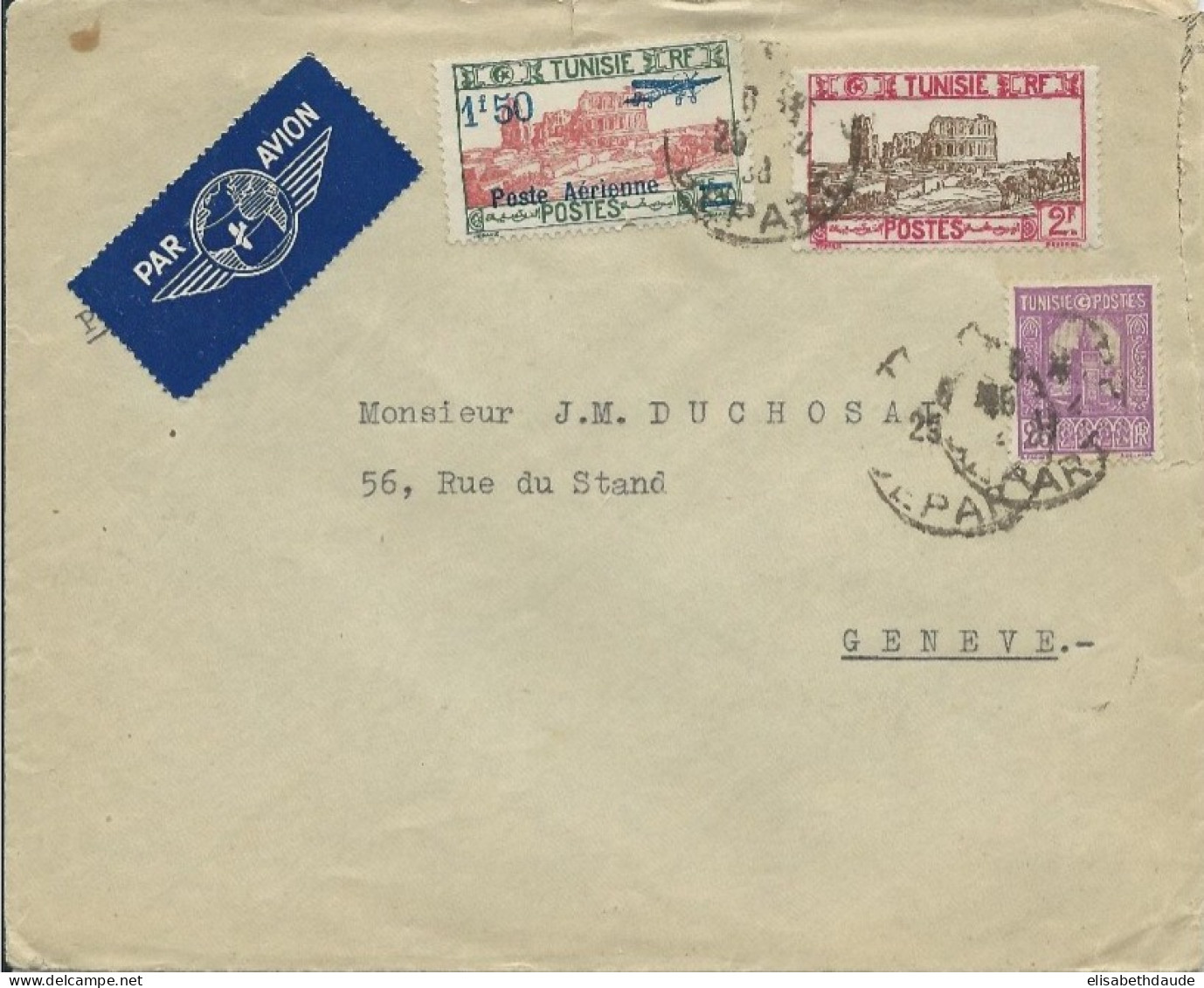TUNISIE - 1938 - ENVELOPPE PAR AVION De TUNIS Pour GENEVE (SUISSE) - Cartas & Documentos