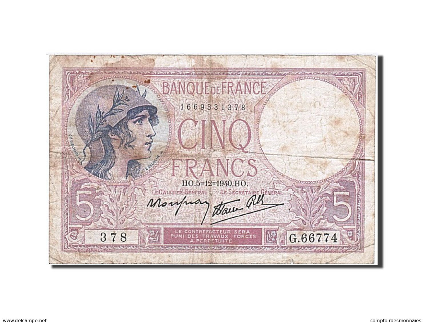 Billet, France, 5 Francs, 5 F 1917-1940 ''Violet'', 1940, 1940-12-05, B+ - 5 F 1917-1940 ''Violet''