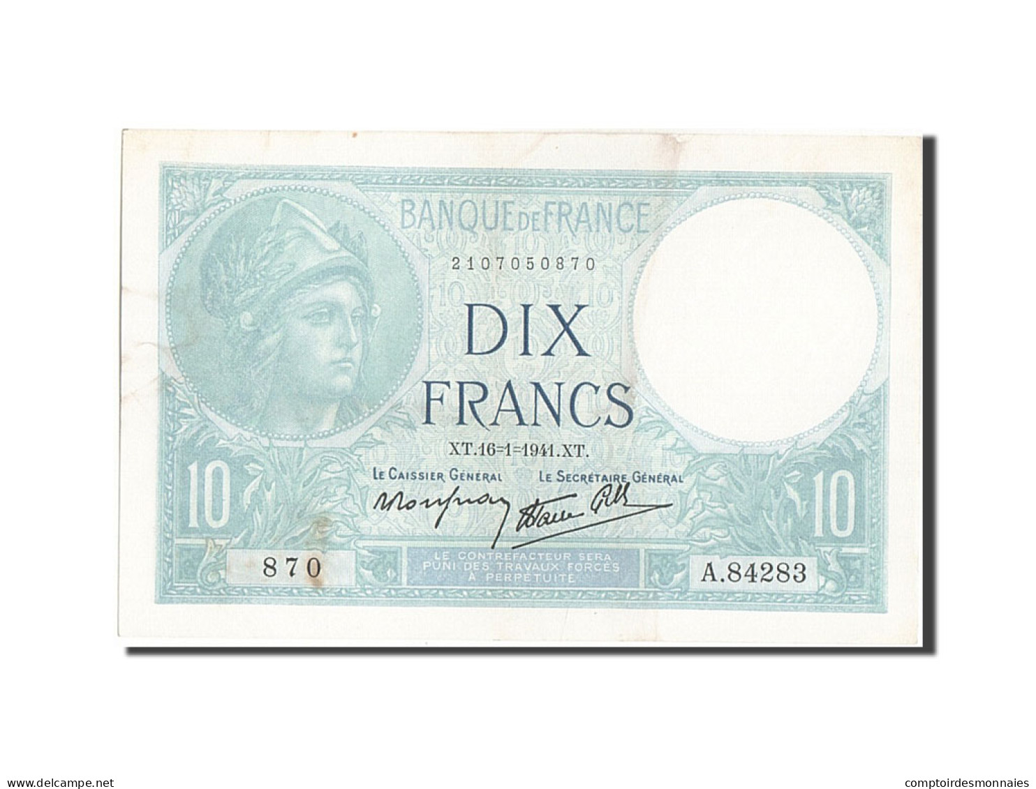 Billet, France, 10 Francs, 10 F 1916-1942 ''Minerve'', 1941, 1941-01-16, SUP - 10 F 1916-1942 ''Minerve''