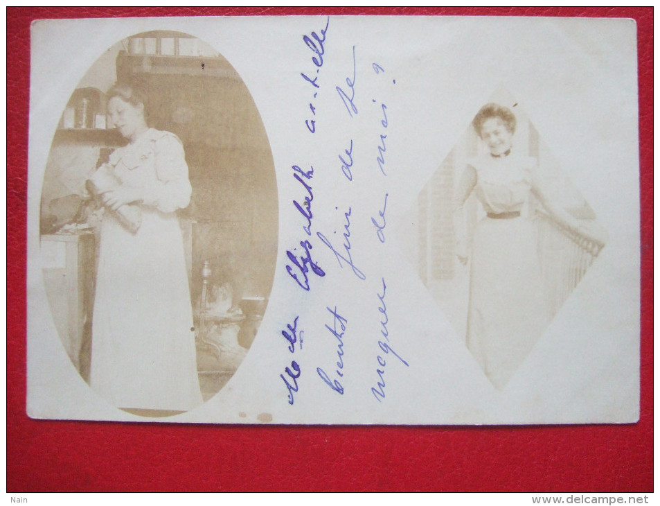 CARTE PHOTO - PHOTO MONTAGE - FEMME COUPANT DU PAIN  - FEMME ELEGANTE - CARTE PIONNIERE - - Fotografie