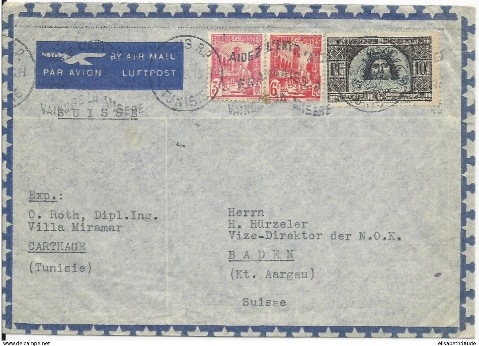 TUNISIE - 1953 - ENVELOPPE PAR AVION De TUNIS Pour BADEN (SUISSE) - Lettres & Documents