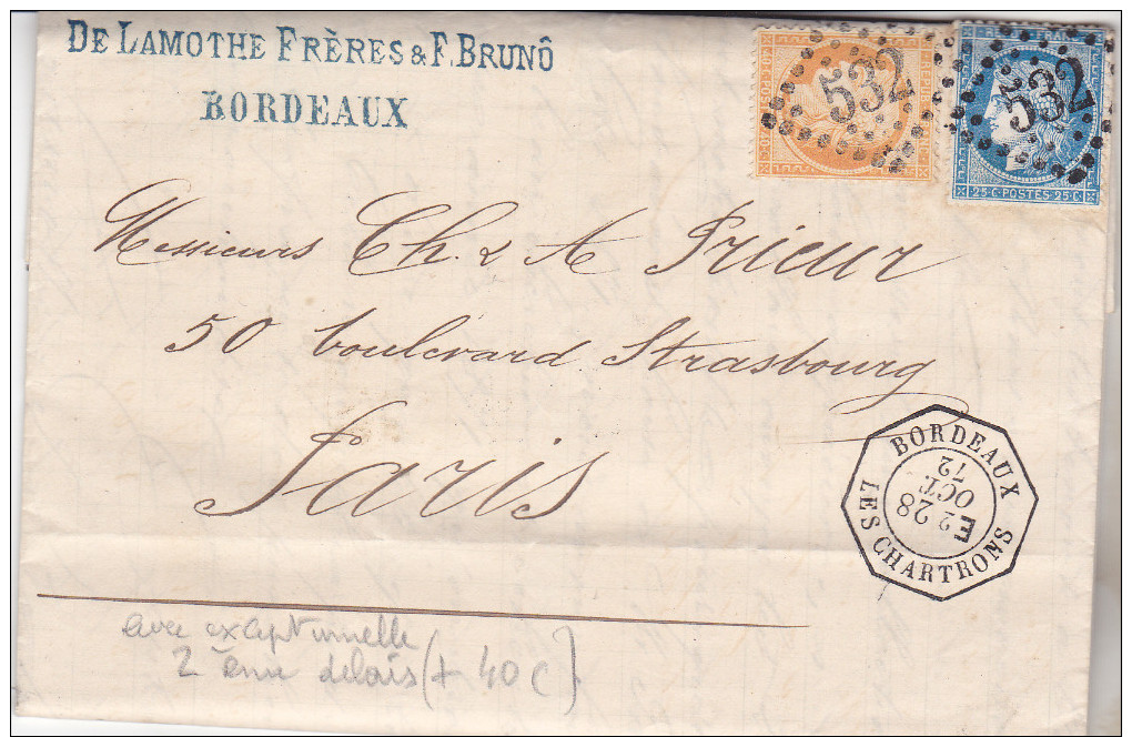 1872 Bordeaux- Rare Lettre Avec Levée Exceptionnelle Affranchie à 65 Centimes (supplement 40 Cts Depassement Horaire)TTB - 1849-1876: Période Classique