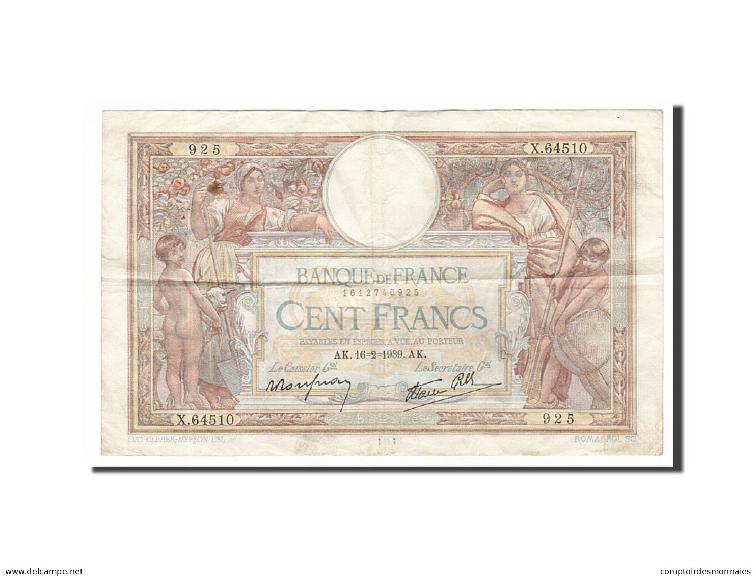 Billet, France, 100 Francs, 100 F 1908-1939 ''Luc Olivier Merson'', 1939 - 100 F 1908-1939 ''Luc Olivier Merson''