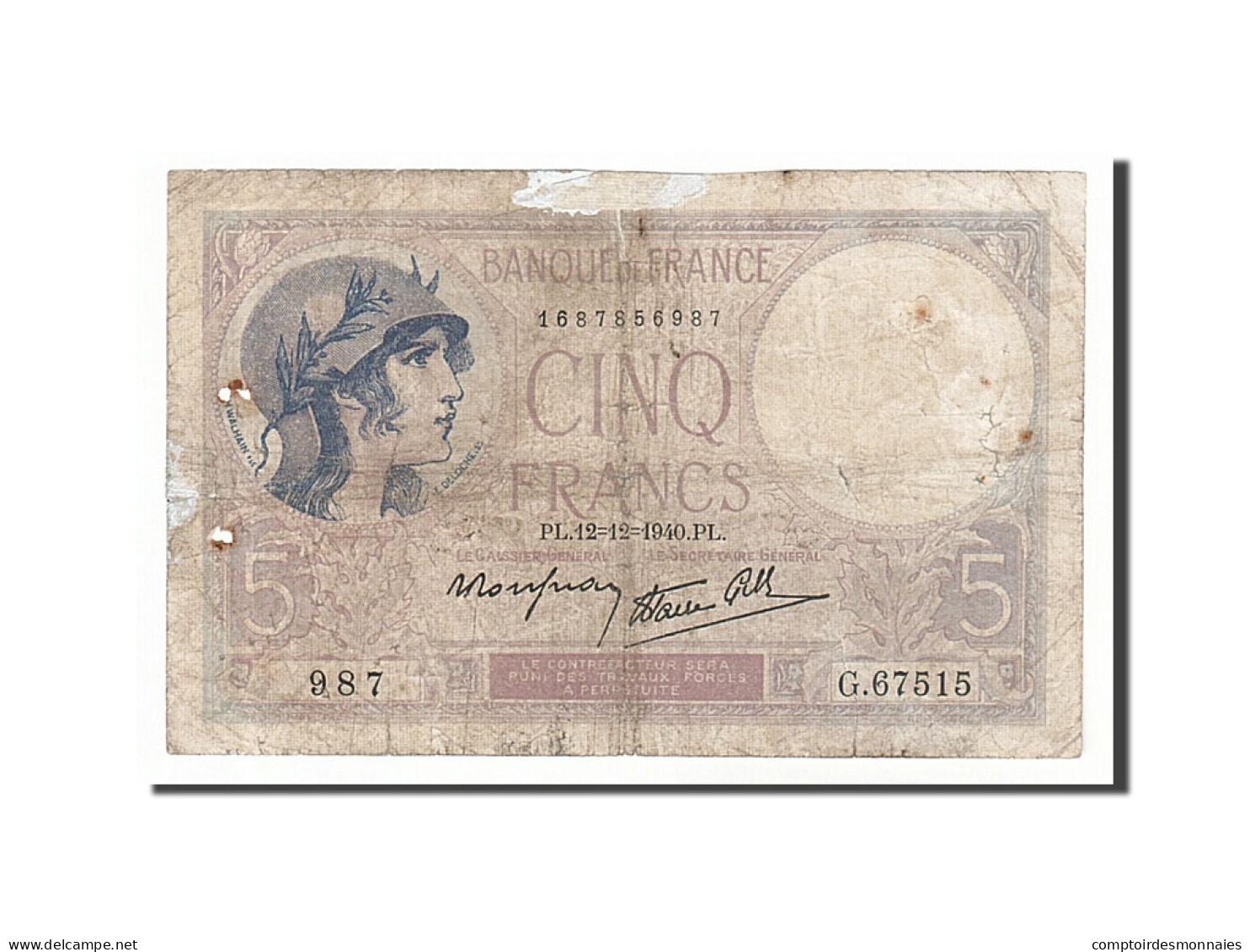 Billet, France, 5 Francs, 5 F 1917-1940 ''Violet'', 1940, 1940-12-12, B - 5 F 1917-1940 ''Violet''