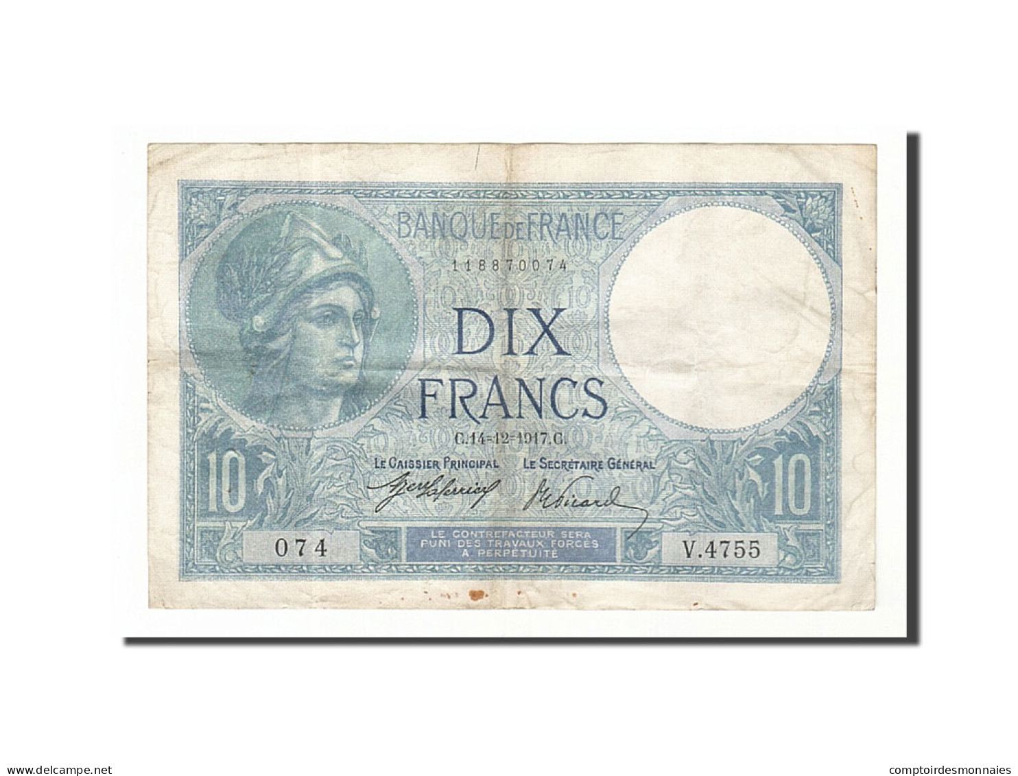 Billet, France, 10 Francs, 10 F 1916-1942 ''Minerve'', 1917, 1917-12-14, TTB - 10 F 1916-1942 ''Minerve''