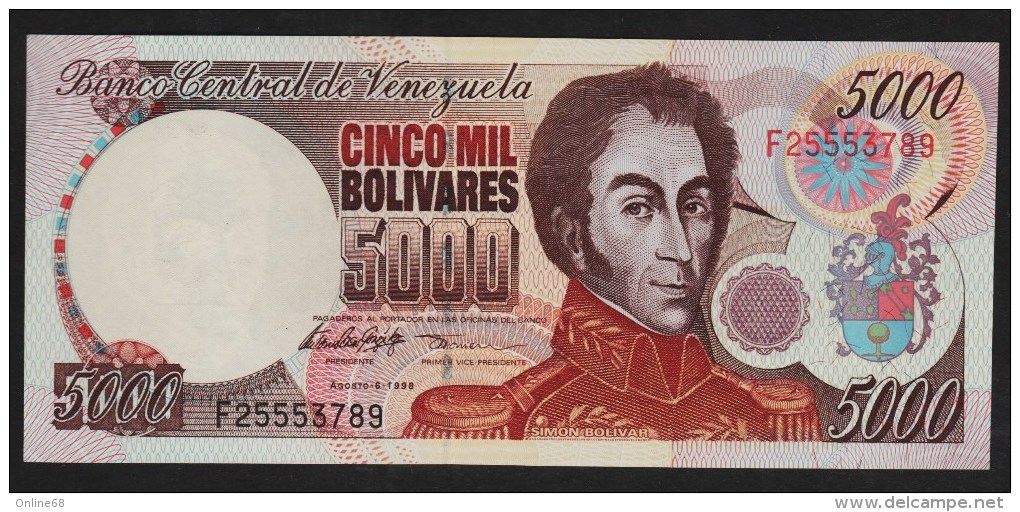 VENEZUELA  5000 Bolívares  06.08.1998 Serie F 235553789  P# 78c  UNC  Simón Bolívar - Venezuela