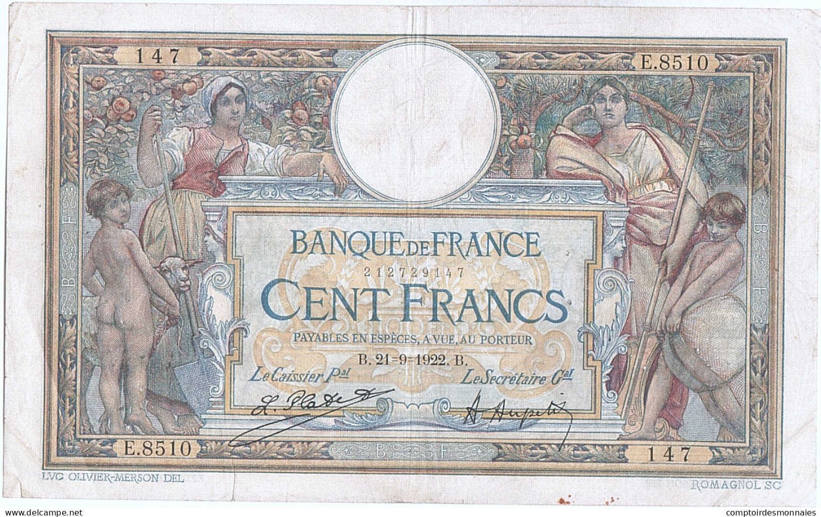 Billet, France, 100 Francs, 100 F 1908-1939 ''Luc Olivier Merson'', 1922 - 100 F 1908-1939 ''Luc Olivier Merson''