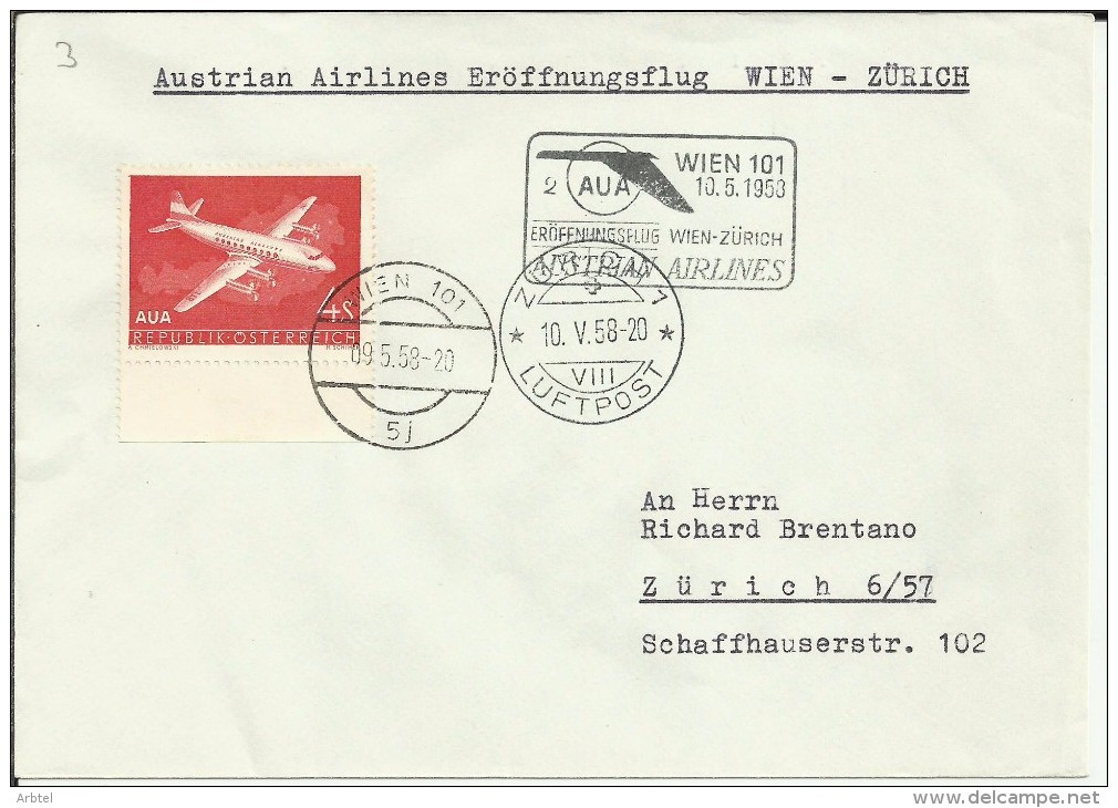 AUSTRIA CC PRIMER VUELO WIEN ZURICH 1958 AUA AUSTRIAN AIRLINES - Primeros Vuelos
