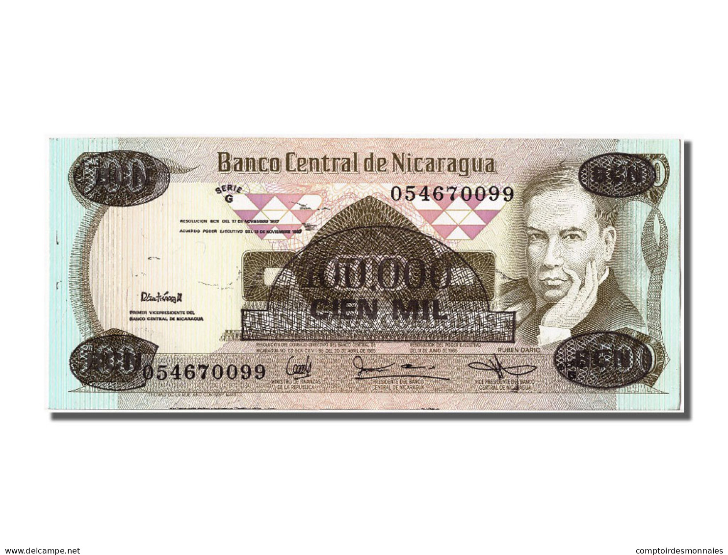 Billet, Nicaragua, 100,000 Córdobas On 500 Córdobas, 1987, SPL - Nicaragua