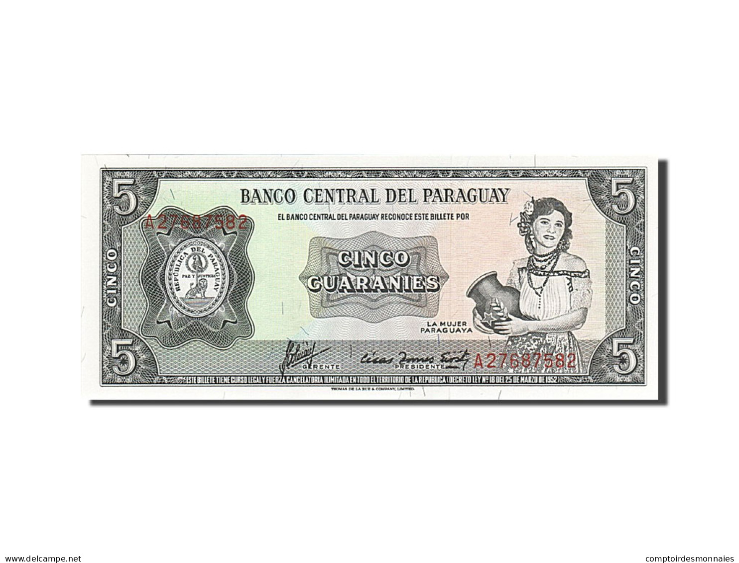 Billet, Paraguay, 5 Guaranies, 1952, SPL - Paraguay