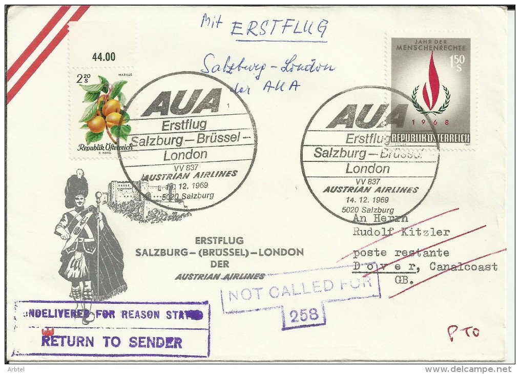 AUSTRIA CC PRIMER VUELO SALZBURG BRÜSELL LONDON 1969 AL DORSO MAT DOVER - First Flight Covers