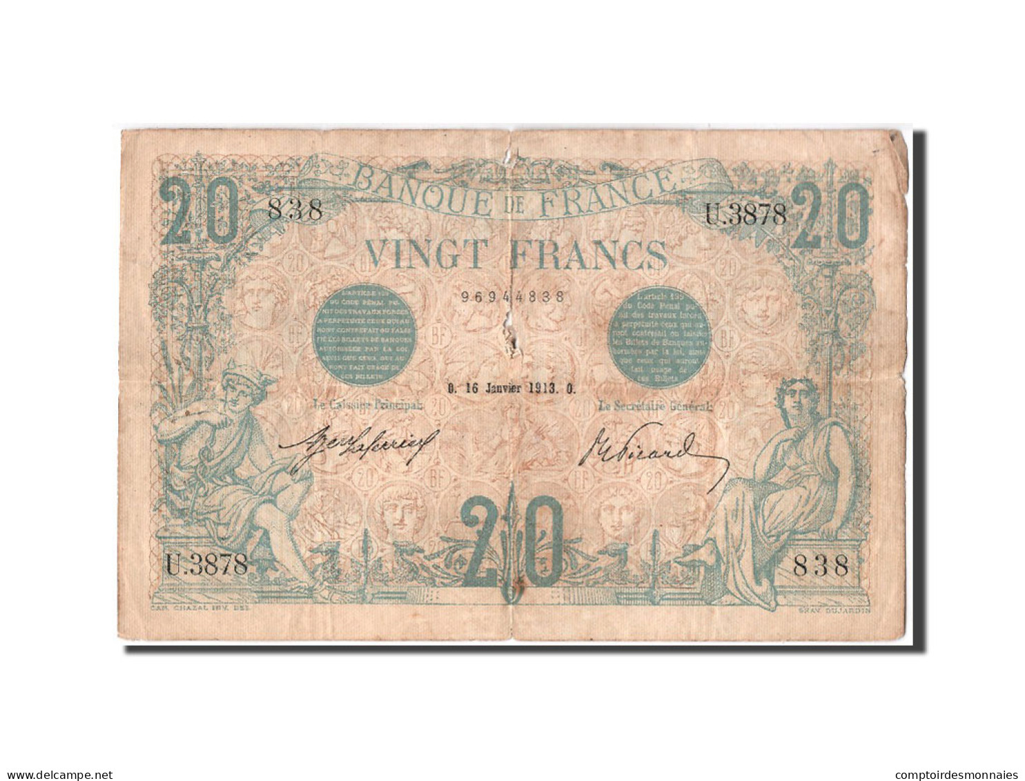 Billet, France, 20 Francs, 20 F 1905-1913 ''Bleu'', 1913, 1913-01-16, TB - 20 F 1905-1913 ''Bleu''