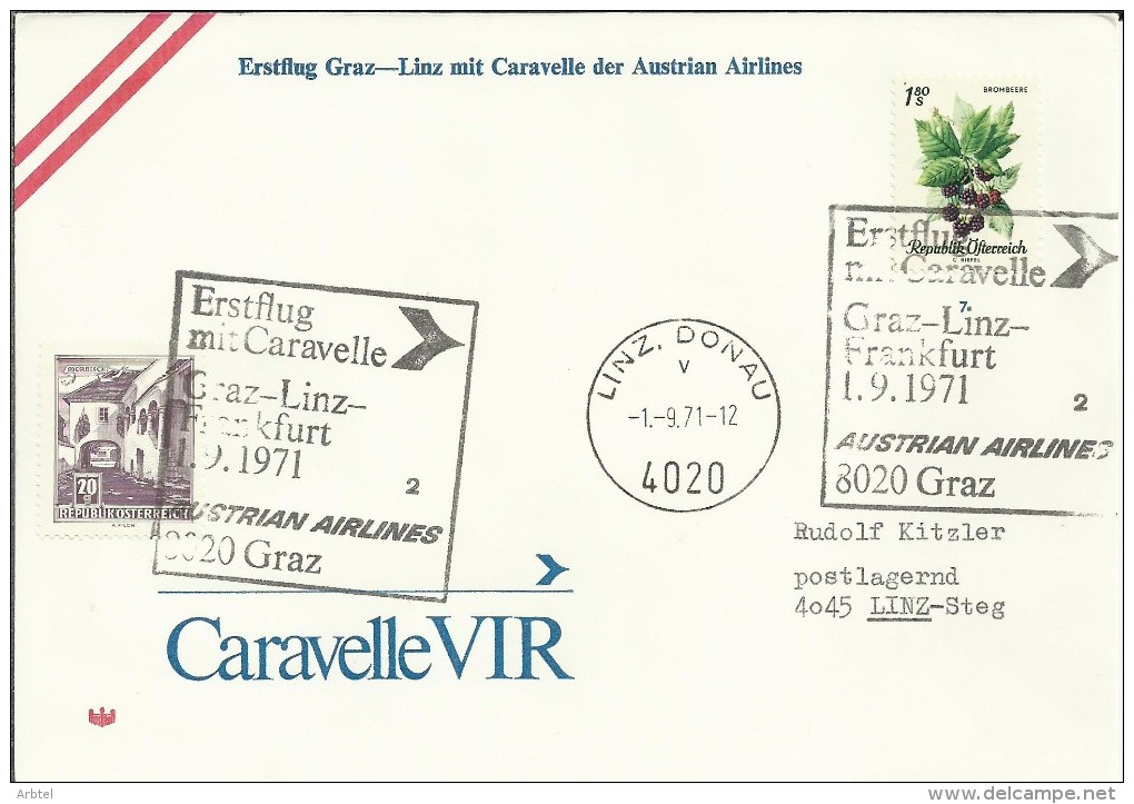 AUSTRIA CC PRIMER VUELO CARAVELLE GRAZ LINZ FRANKFURT 1971 - Eerste Vluchten