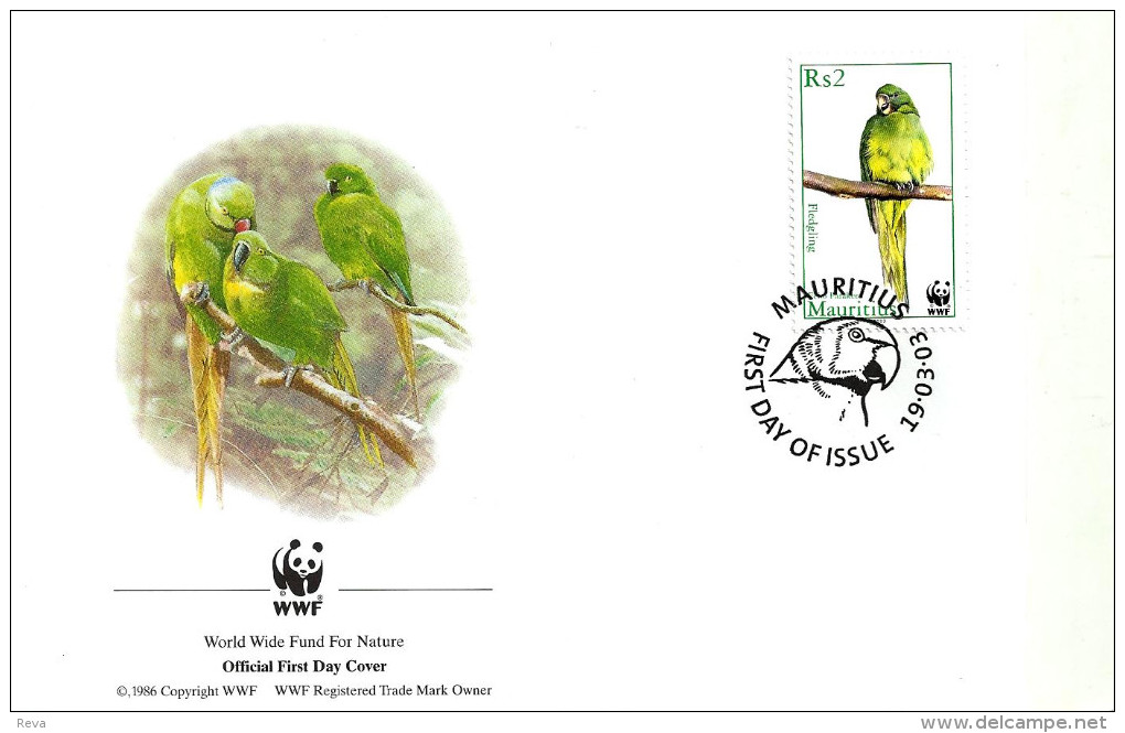 MAURITIUS FDC BIRD BIRDS PARROT WWF PANDA EMBLEM OFF SET OF 4 STAMPS 2 RS DATED 01-03-2003 CTO SG? READ DESCRIPTION !! - Maurice (1968-...)