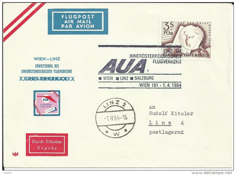 AUSTRIA CC PRIMER VUELO WIEN LIN SALZBURG 1964 AL DORSO SELLOS TASA - First Flight Covers