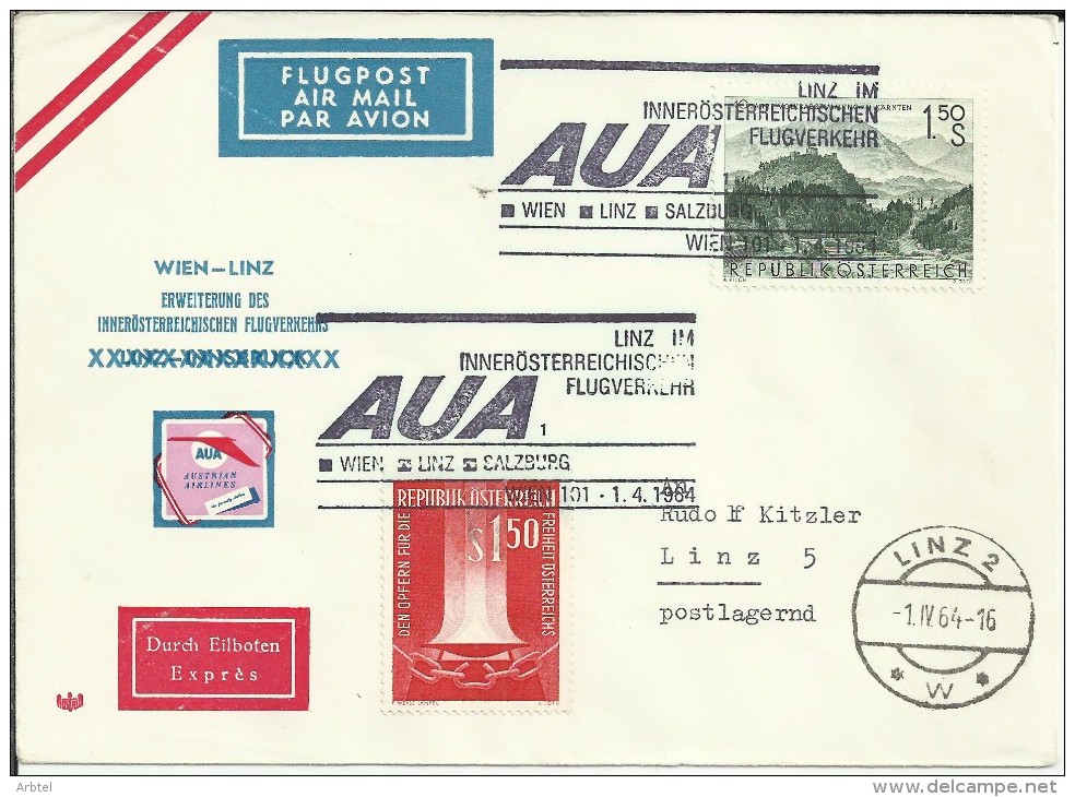 AUSTRIA CC PRIMER VUELO WIEN LIN SALZBURG 1964 AL DORSO SELLOS TASA - Primi Voli