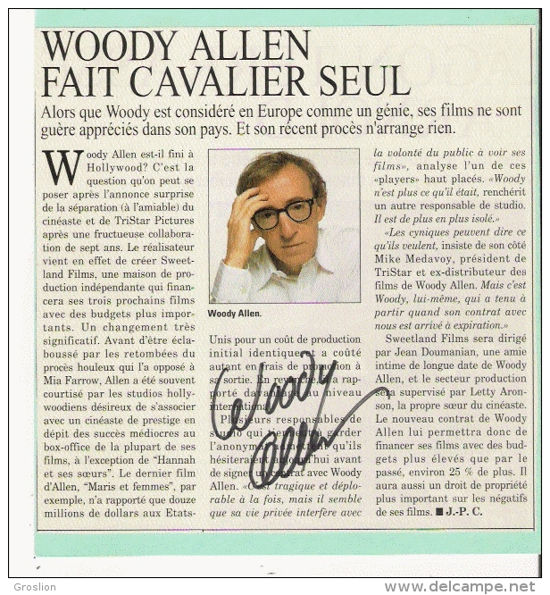 WOODY ALLEN (1935 NEW YORK.) REALISATEUR SCENARISTE HUMORISTE AMERICAIN AUTOGRAPHE SUR ARTICLE DE JOURNAL - Altri & Non Classificati