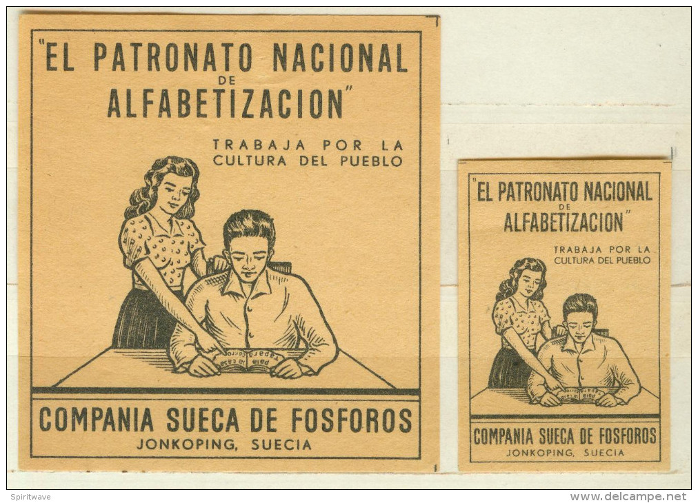 1+1 Alte Zündholzetiketten Aus Schweden, 'EL PATRONATO NACIONAL DE ALFABETIZACION. - Matchbox Labels