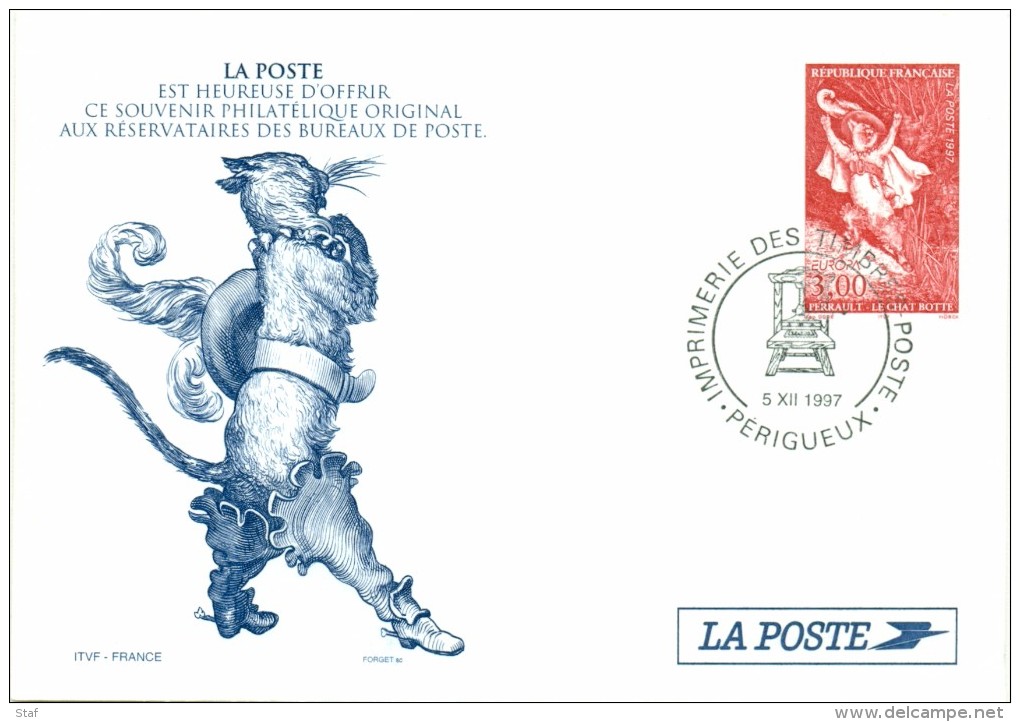 Souvenir De La Poste - Imprimerie Des Timbres Poste Périgueux - Perrault - Le Chat Botté - 1997 - Documents De La Poste
