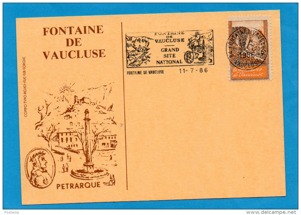 Vignette "Fontaine  De Vaucluse" Sur Cpa Illustrée -Pétrarque+ Muse+oblitération +flamme Grand Site  National -1986 - Tourism (Labels)