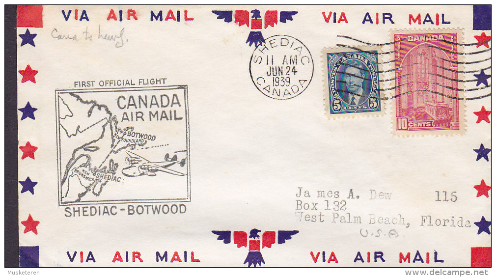 Canada Via Air Mail First Official Flight SHEDIAC 1939 Cover Lettre SHEDIAC - BOTWOOD (2 Scans) - Airmail