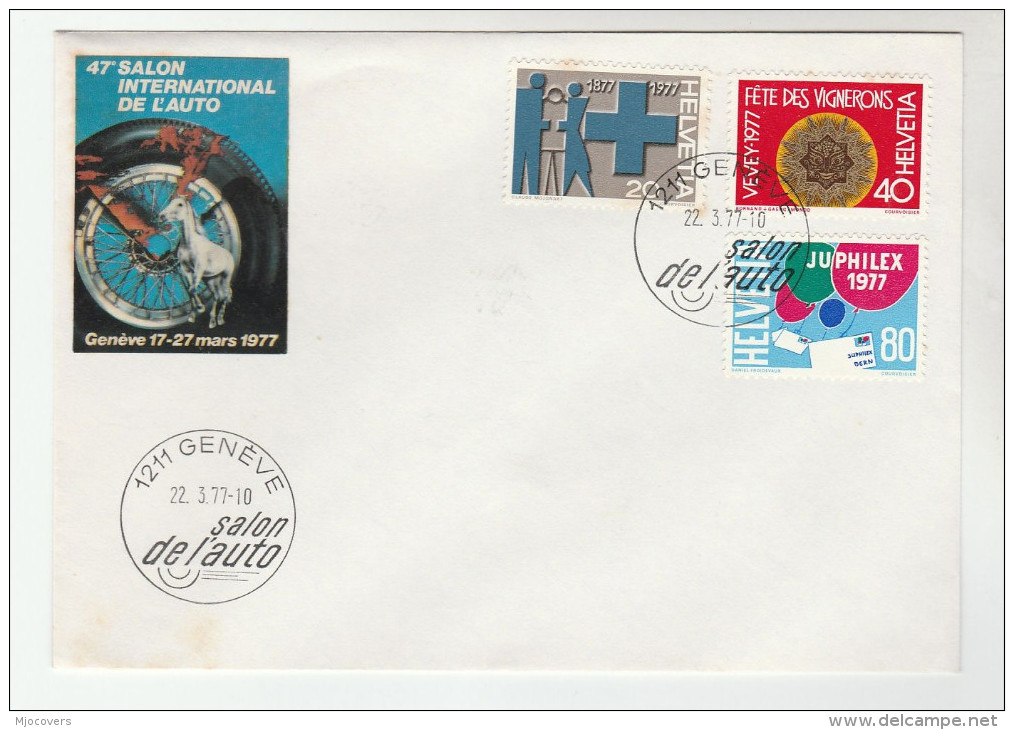 1977 Switzerland  GENEVE International MOTOR SHOW EVENT COVER With EXHIBITION  LABEL  Horse Car , Stamps - Cars