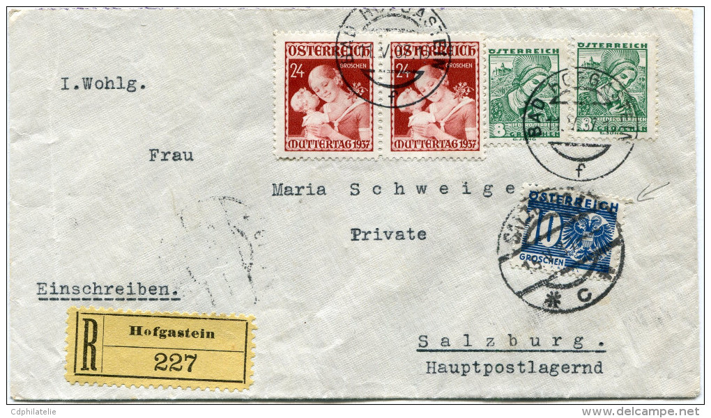 AUTRICHE LETTRE RECOMMANDEE DEPART BAD HOFGASTEIN 11.V.37 TAXEE  A SALZBURG 15.V.37 - Andere & Zonder Classificatie