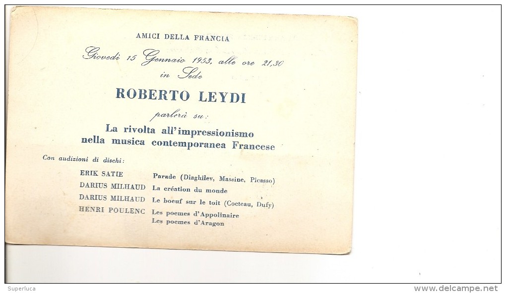 R-CARTOLINA INVITO RICEVIMENTO ASS.AMICI DELLA FRANCIA 15 GENNAIO 1953 MILANO - Réceptions