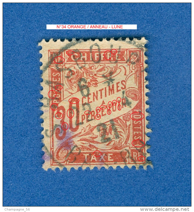 VARIÉTÉS TAXE 1893 - 1935 N° 34 ORANGE  22.4.21 OBLITÉRÉ DOS CHARNIÈRE ARTHUR MAURY 100.00 € - 1859-1959 Used