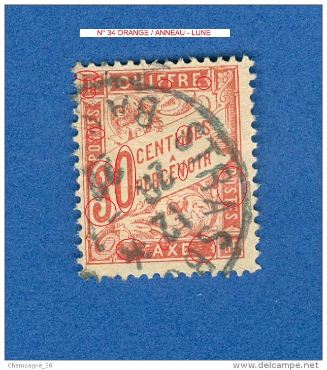 1893 - 1935 N° 34 ORANGE TAXE OBLITÉRÉ DOS CHARNIÈRE 100.00 € - Used Stamps