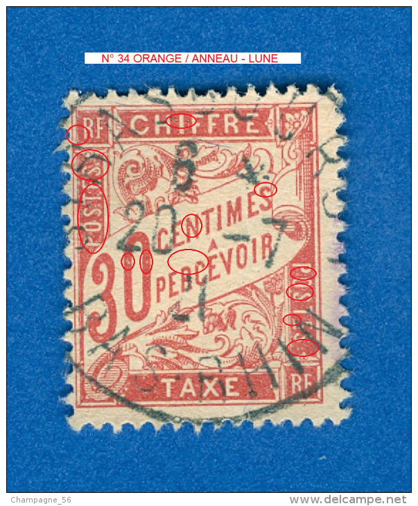1893 - 1935 N° 34 ORANGE TAXE 20.7.21   OBLITÉRÉ DOS CHARNIÈRE ARTHUR MAURY 100.00 € - Usati