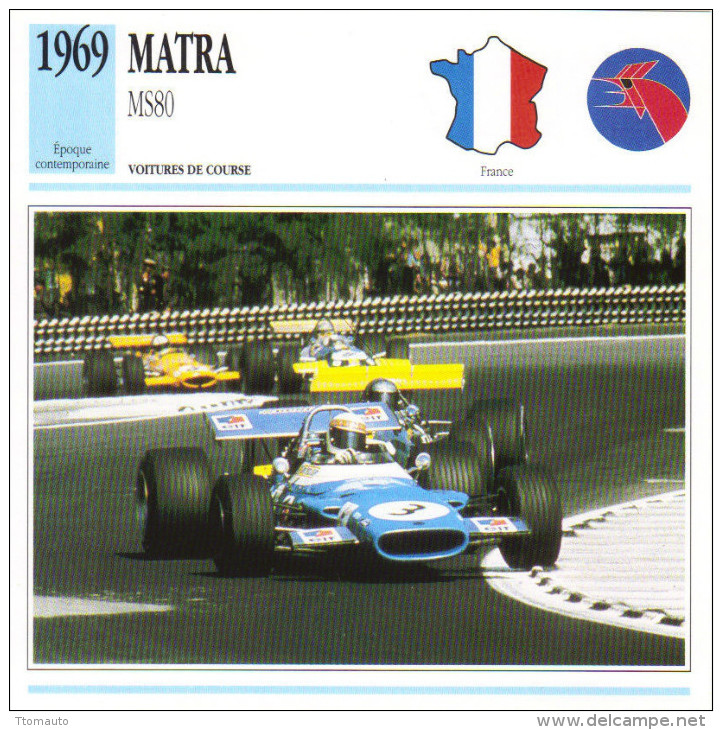 Fiche  -  Formula 1 Grand Prix Cars  -  Matra MS80  -  Pilote Jackie Stewart  -  Carte De Collection - Grand Prix / F1