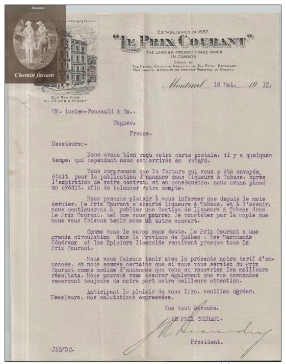 Document  Du 18/05/1912 "LE PRIX COURANT" -  Montréal - Canada - Canada