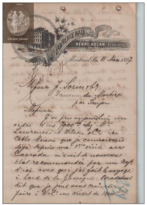 Document  Du 11/03/1897 HENRY HOGAN - ST LAWRENCE HALL -  Montréal - Canada - Canada