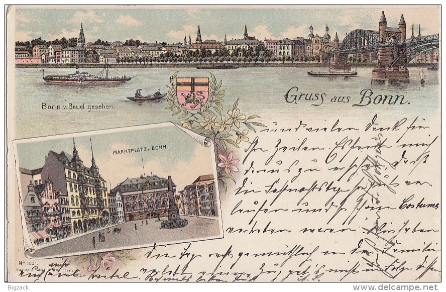 Litho Gruss Aus Bonn Marktplatz, Bonn Von Beuel Gesehen Gelaufen 10.8.1898 - Bonn