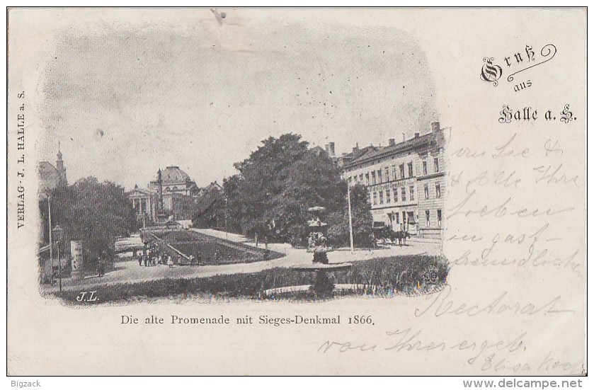 AK Gruss Aus Halle Alte Promenade Mit Sieges-Denkmal S/w Gelaufen 1899 Nach Holland - Halle (Saale)