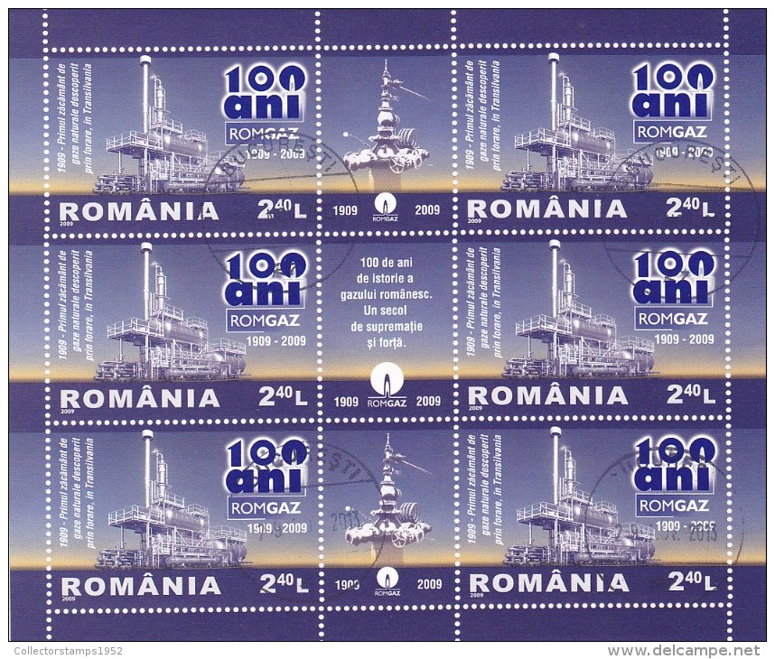 76   GAS WELLS ,2009 MINISHEET 6 STAMPS + LABELS,USED ROMANIA. - Gaz
