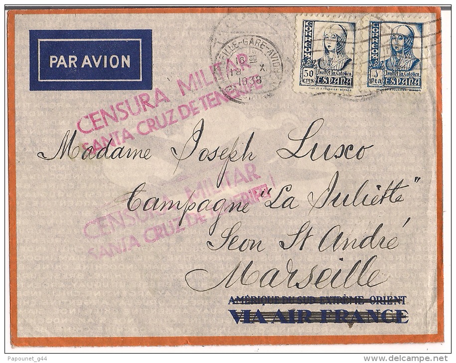 Lettre Espagne 1938 Destination Marseille + Censure Militaire Santa Cruz De Ténérife - Marcas De Censura Nacional