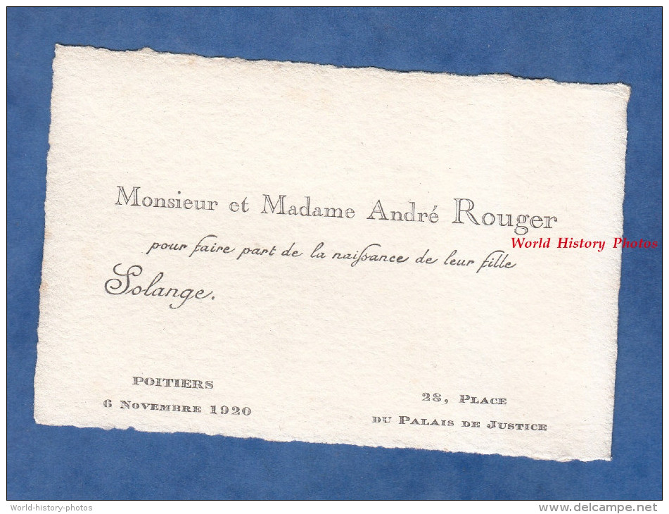 Faire-Part De Naissance - POITIERS - M. & Mme André ROUGER Et Leur Fille Solange - 1920 - Place Du Palais De Justice - Naissance & Baptême