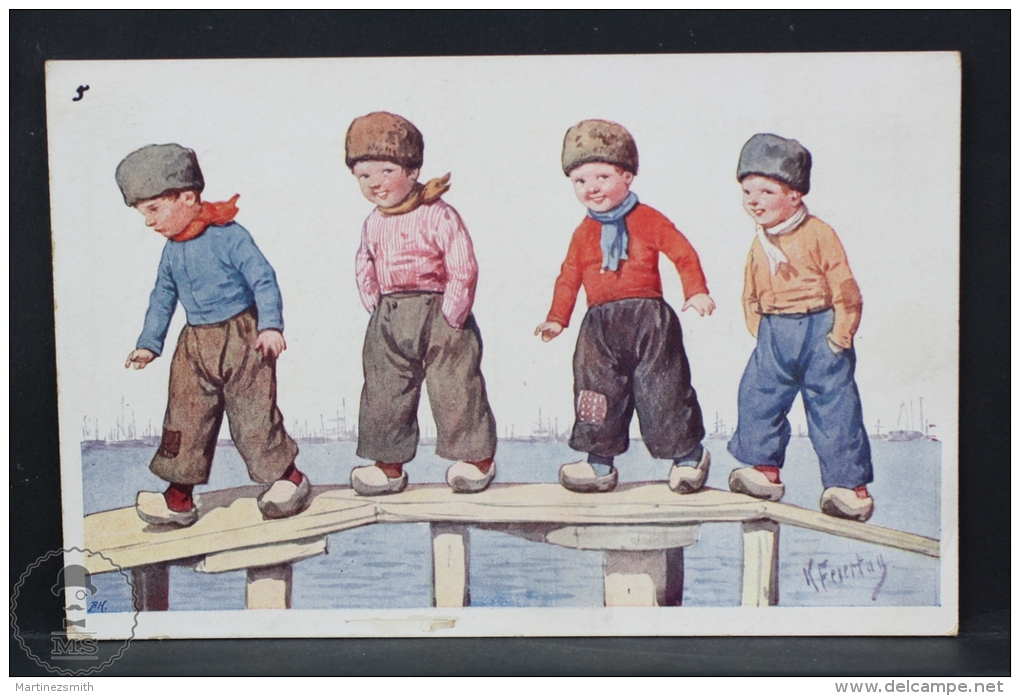 Artist Signed Illustrated Postcard - Karl Fiertag - Dutch Childrens On The Bridge - Feiertag, Karl