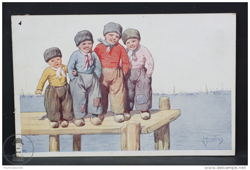 Artist Signed Illustrated Postcard - Karl Fiertag - Dutch Boys On The Bridge - Feiertag, Karl