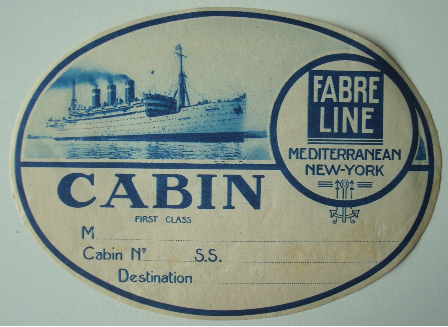 Ancienne étiquette Gommée Fabre Line Mediterranean New-York Cabin 1st Class. - Autres & Non Classés