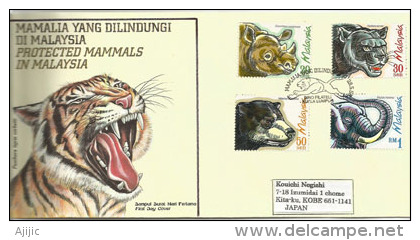 MALAISIE.Panthère,Éléphant D´Asie,Ours Malais,Rhinocéros De Sumatra, Belle Lettre FDC Adressée Au Japon - Félins