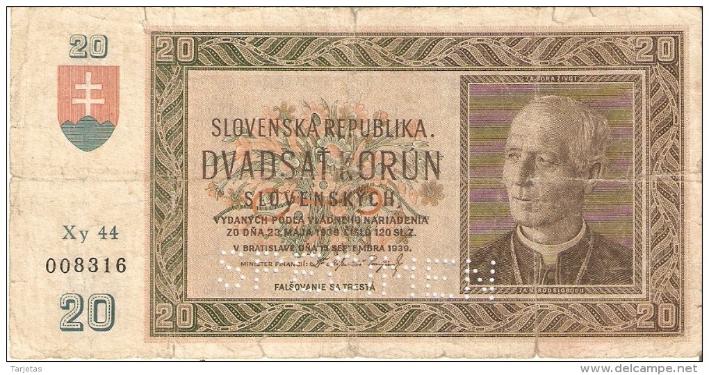 BILLETE DE ESLOVAQUIA DE 20 KORUN DEL AÑO 1939 SPECIMEN   (BANKNOTE) RARO - Eslovaquia