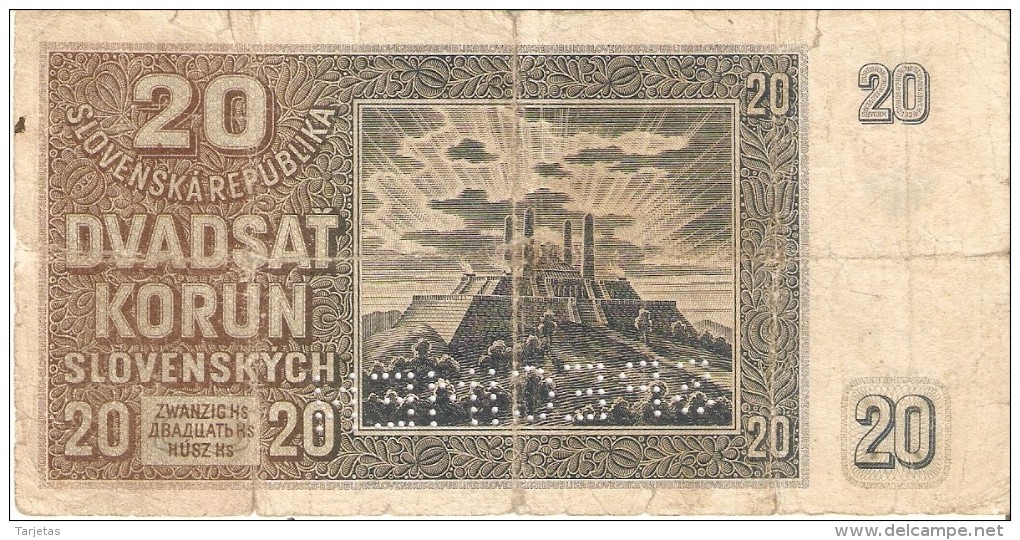 BILLETE DE ESLOVAQUIA DE 20 KORUN DEL AÑO 1939 SPECIMEN   (BANKNOTE) RARO - Slovakia