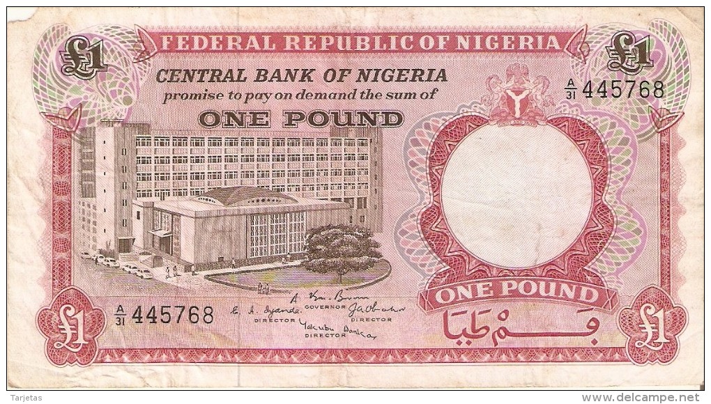 BILLETE DE NIGERIA DE 1 POUND DEL AÑO 1967 (BANKNOTE) - Nigeria