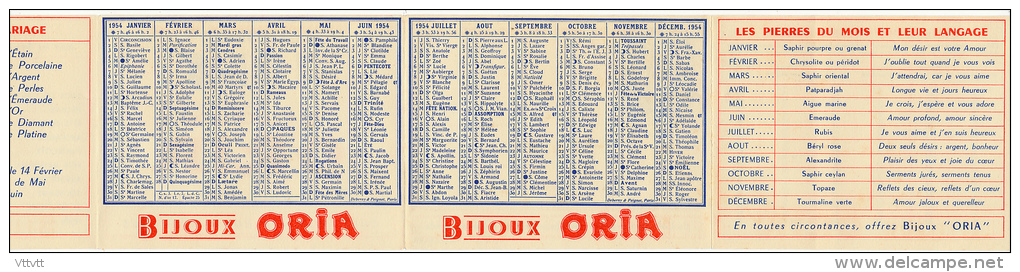 1954, Calendrier 4 Volets Bijoux Oria : Jours Fériées, Vitesses Réelles, Anniversaire De Mariage, Pierre Et Langage, TBE - Petit Format : 1941-60