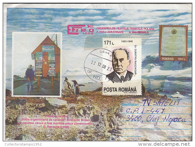 18327- BROWN ANTARCTIC RESEARCH STATION, PENGUINS, COVER STATIONERY, D. BAGDASAR STAMP, 1998, ROMANIA - Onderzoeksstations