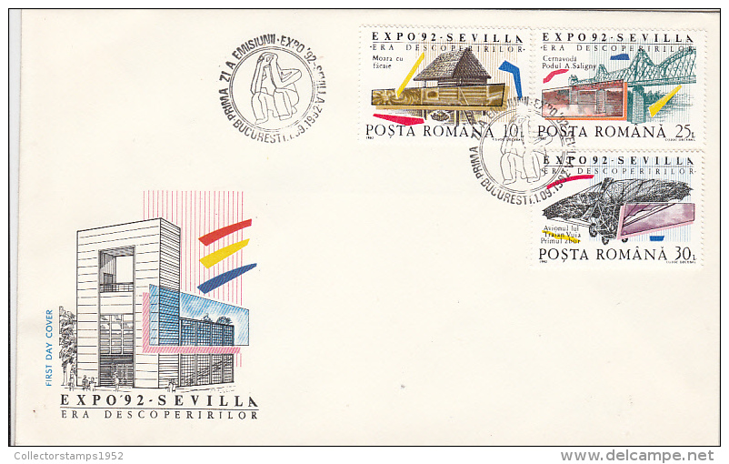 1974FM- EXPO'92, SEVILLA UNIVERSAL EXHIBITION, COVER FDC, 1992, ROMANIA - 1992 – Séville (Espagne)