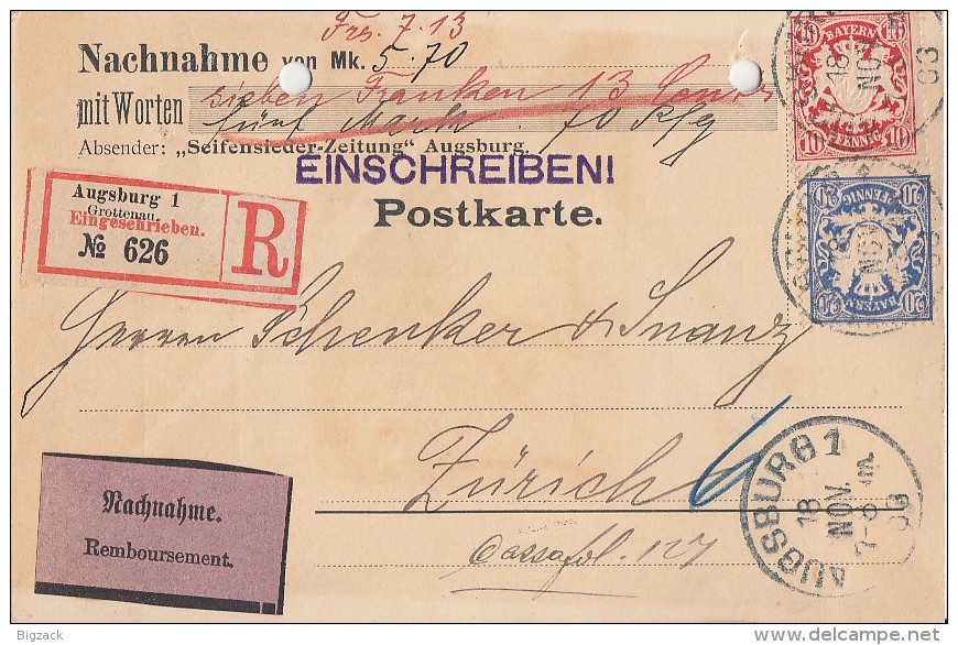 Bayern R-NN-Karte Mif Minr.56, 57 Augsburg 18.11.03 Gel. In Schweiz Seltene Verwendung - Sonstige & Ohne Zuordnung